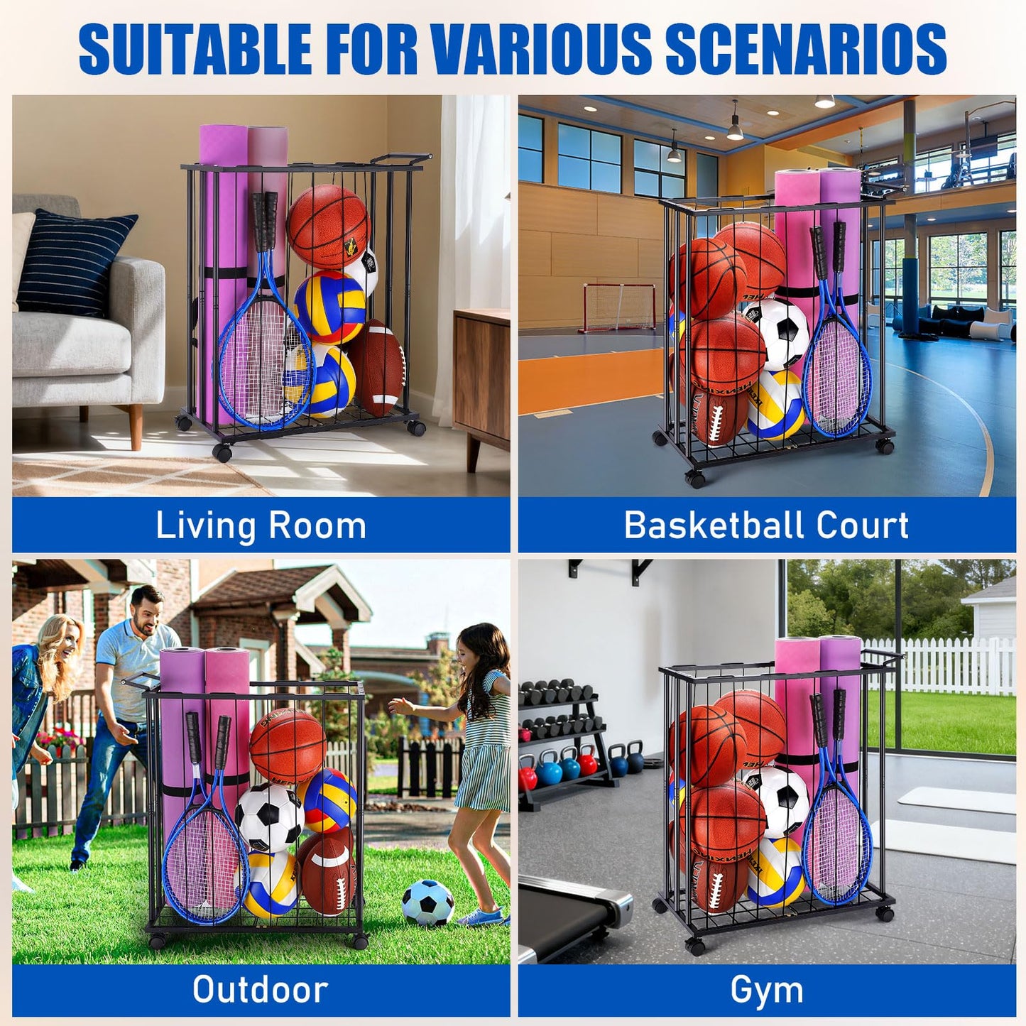 TOBWOLF Large Garage Ball Storage Rack with Wheels, Sports Equipment Organizer Rolling Ball Storage Cart, Freestanding Ball Holder with Elastic Rope for Basketball, Football, Garage, Gym