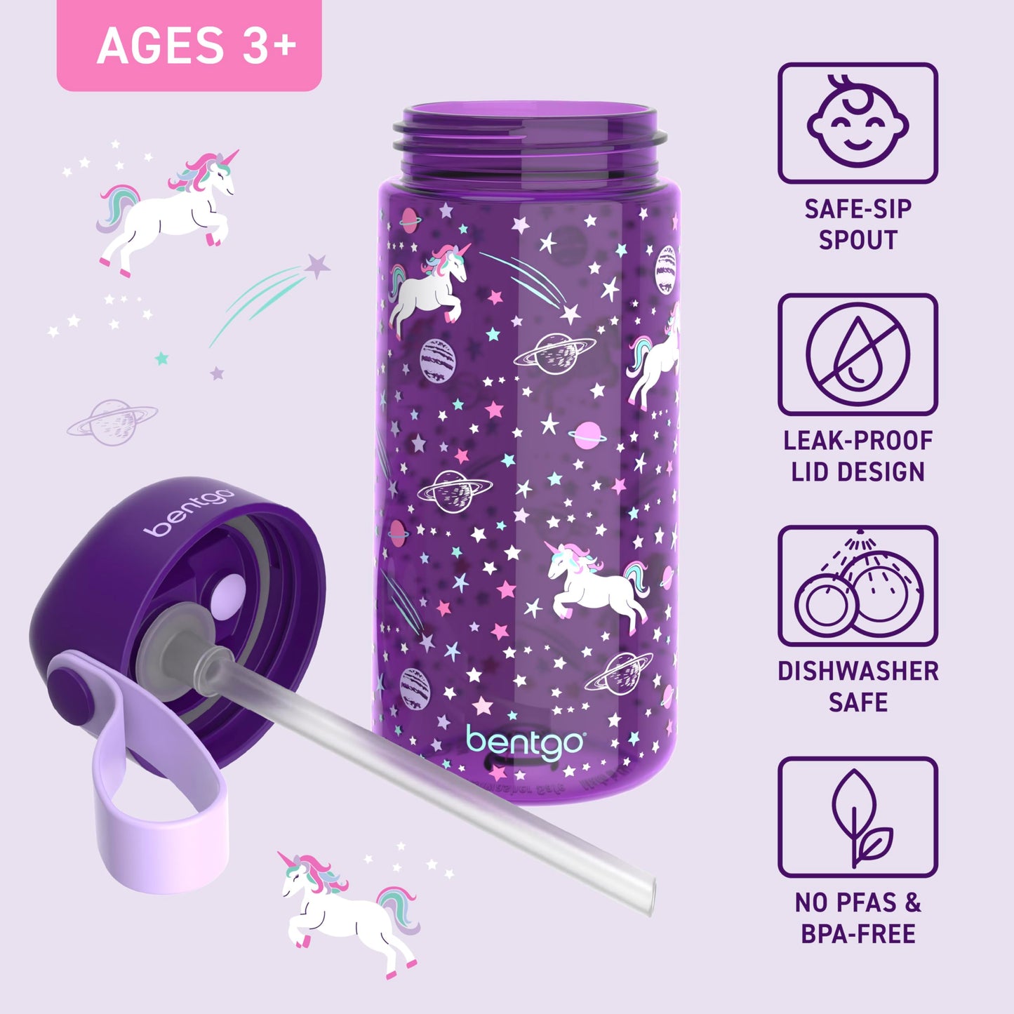 Bentgo Kids Water Bottle - Leak-Proof, Durable Tritan PFAS- & BPA-Free 15 fl oz, Kids/Toddlers Ages 3+ for School & Sports; Bite & Sip Spout, Carrying Handle, Dishwasher Safe (Unicorn)