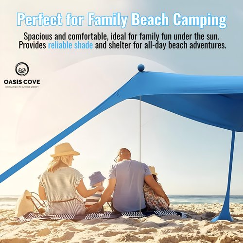 Oasis Cove Beach Tent Sun Shelter, 10 x 10 FT Beach Canopy Tent Sun Shade with 4 Sandbags, 2 Poles,Elastic Cords, Sand Shovel + 4 Ground Pegs UPF50+ Beach Shade Canopy for Outdoor Camping, Fishing