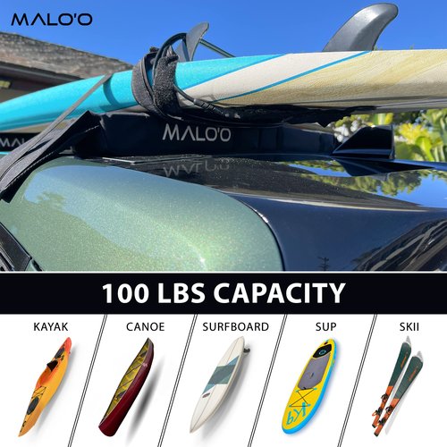 Malo’o Universal 32” Soft Roof Rack Pads for Surfboards/SUP/Kayaks/Canoes with 15’ Board Straps, Malo'o Storage Bag - No Bars gutters Required - Car Rack for Surfboard Supports 3 Boards