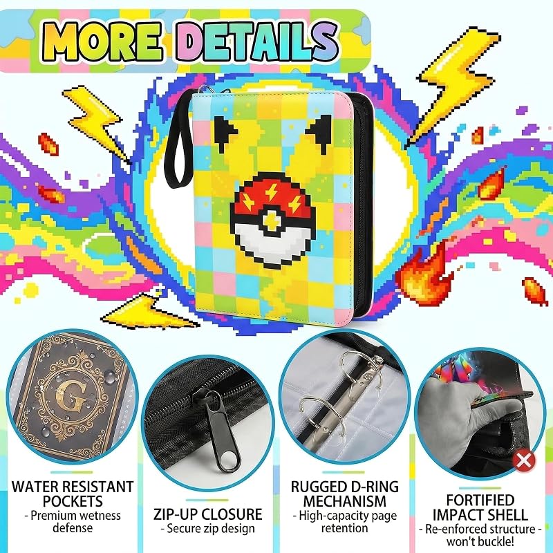 Yellow Pixel 4-Pocket Card Binder with 440 Pockets, 55 Removable Pages, 3-Ring Zipper - Includes Top-Loading Sleeves