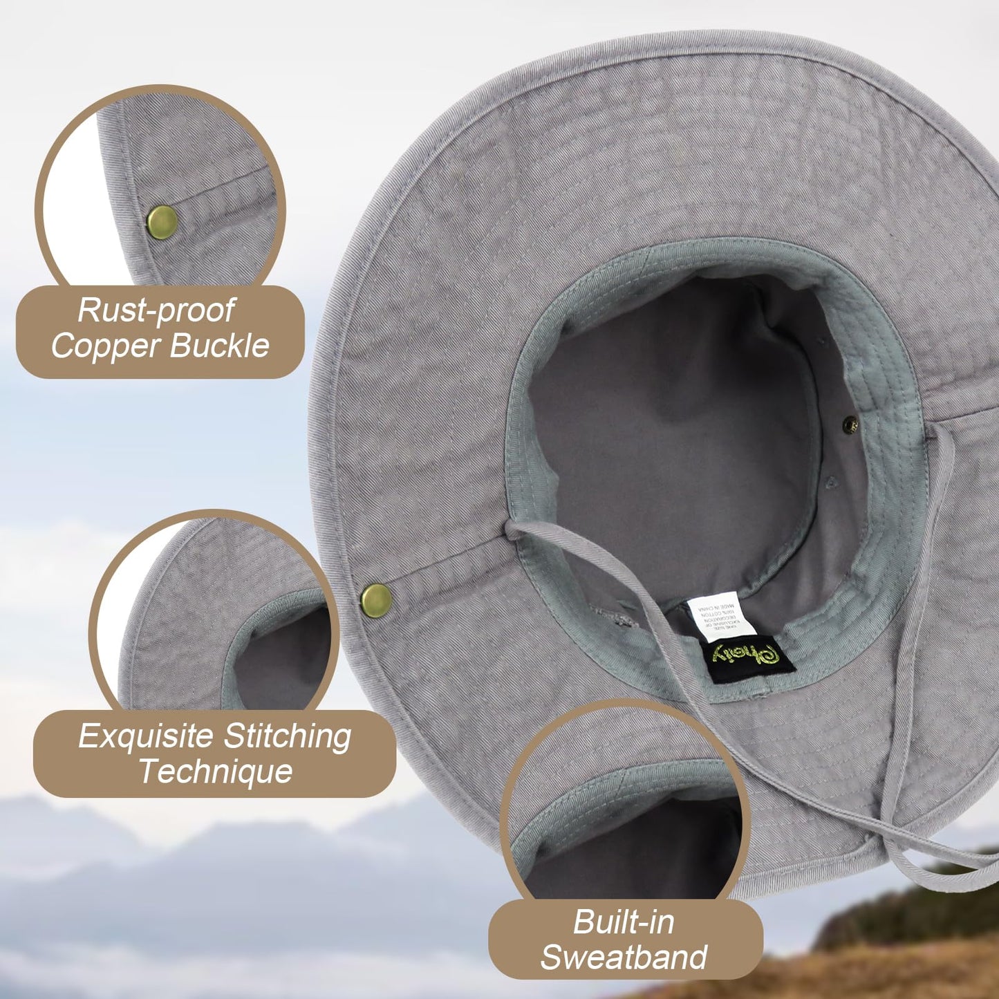 Phaiy Bucket Hat with String Grey Boonie Hat UPF 50+ Wide Brim Sun Hat for Men Fishing Hiking Safari