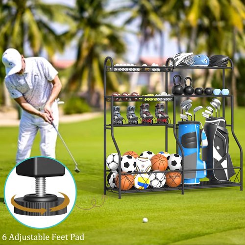 GUOHNHE Sports Equipment Organizer, Matel Ball Storage Garage, Large Golf Bag Rack with 4 Basket, Suitable for Gyms, Stadium and Playgrounds, Black, BST002B