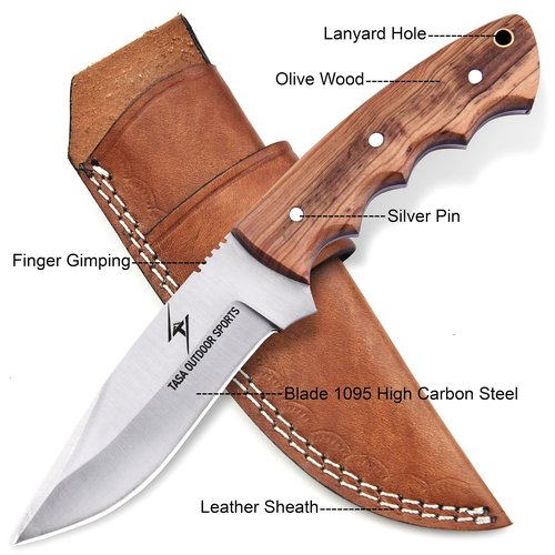 Fixed Blade Knife – Handmade 9" Skinner Hunting Knife For Men With Olive Wood Handle, 1095c Steel Full Tang Bushcraft Knife With Sheath, For Camping, Survival and Outdoor Use