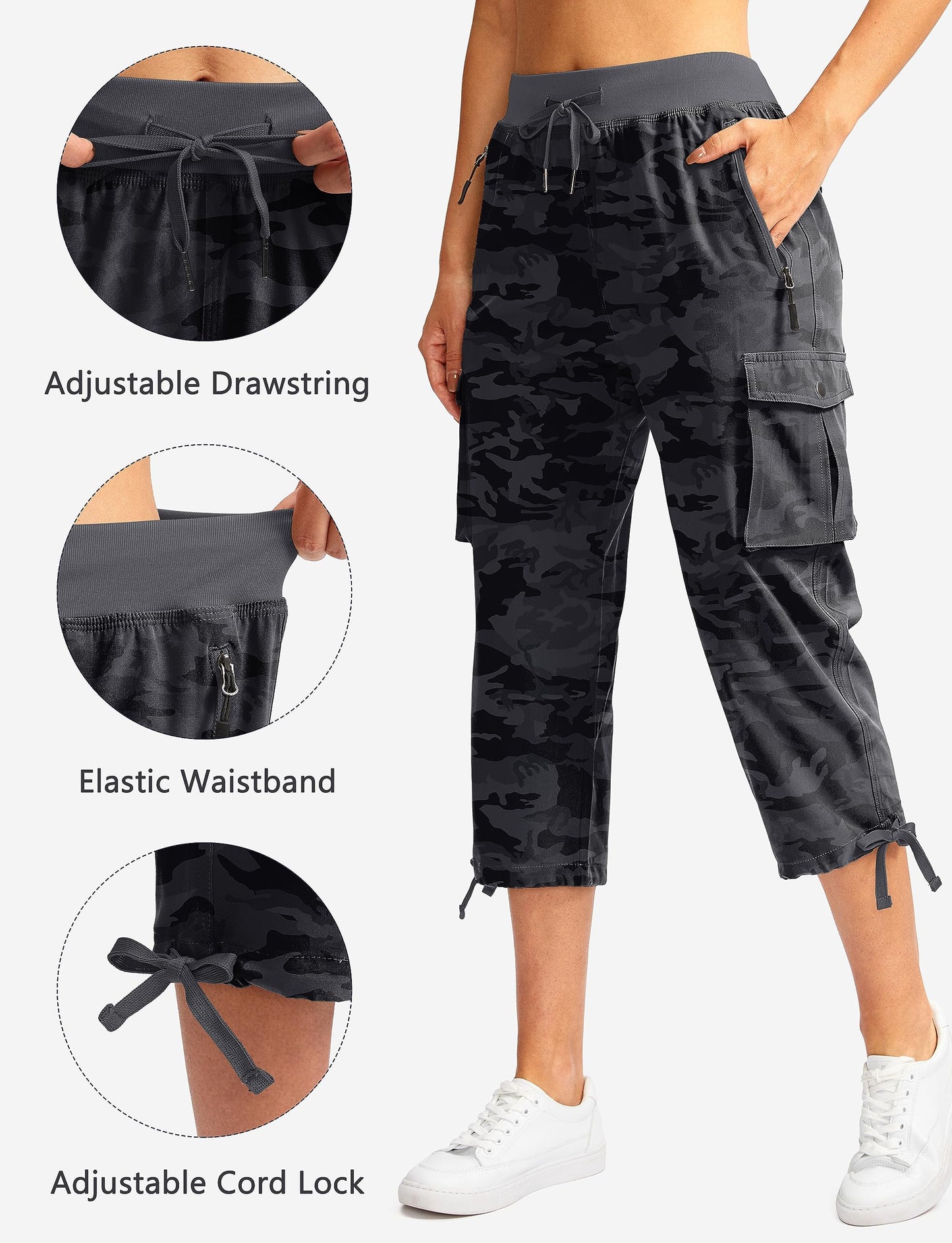 Soothfeel Women's Cargo Capris Pants with 6 Pockets Lightweight Quick Dry Travel Hiking Summer Pants for Women Casual (Black Camo, 4XL)