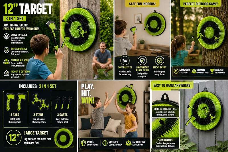Leeray 3-in-1 Axe Throwing Game with Bristle Target Board - 12-Inch Green (Black+Green) Variation