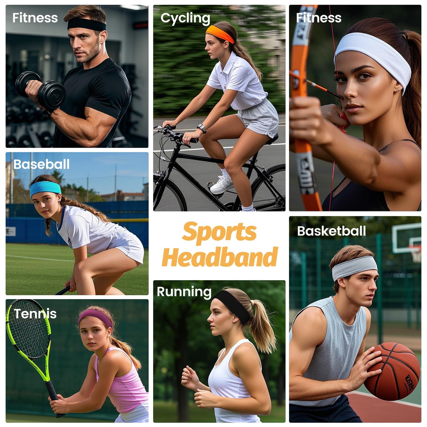 HSEM Headbands for Women - 6 Pack Wide Elastic Hairbands | Ultra-Soft Moisture Wicking Sports Headband | Non-Slip Accessories Bands for Fashion (Orange Blue Grey White RoseRed Black)
