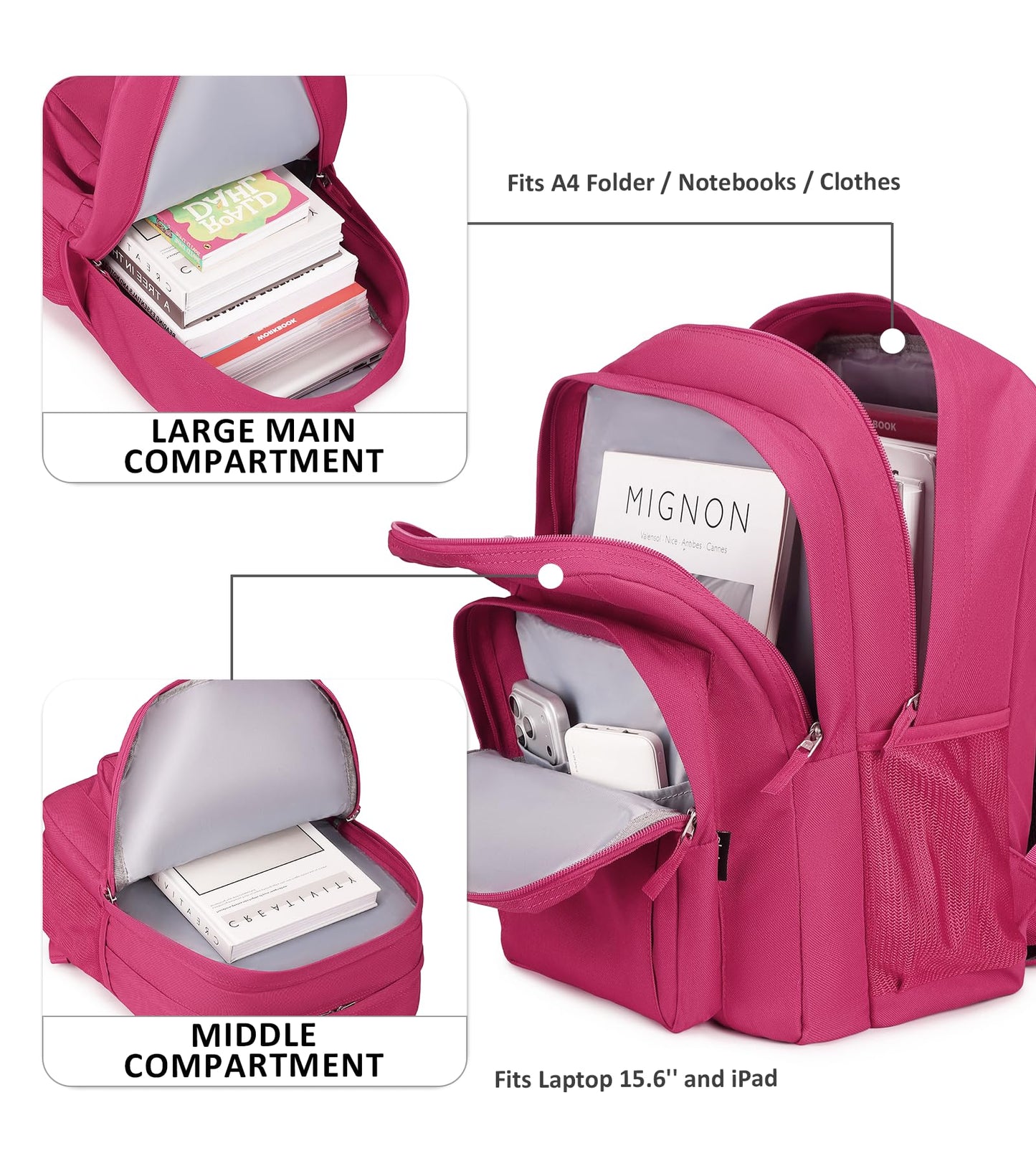 abshoo Girls Solid Color Backpack For College Women Water Resistant School Bag (Rose Red)