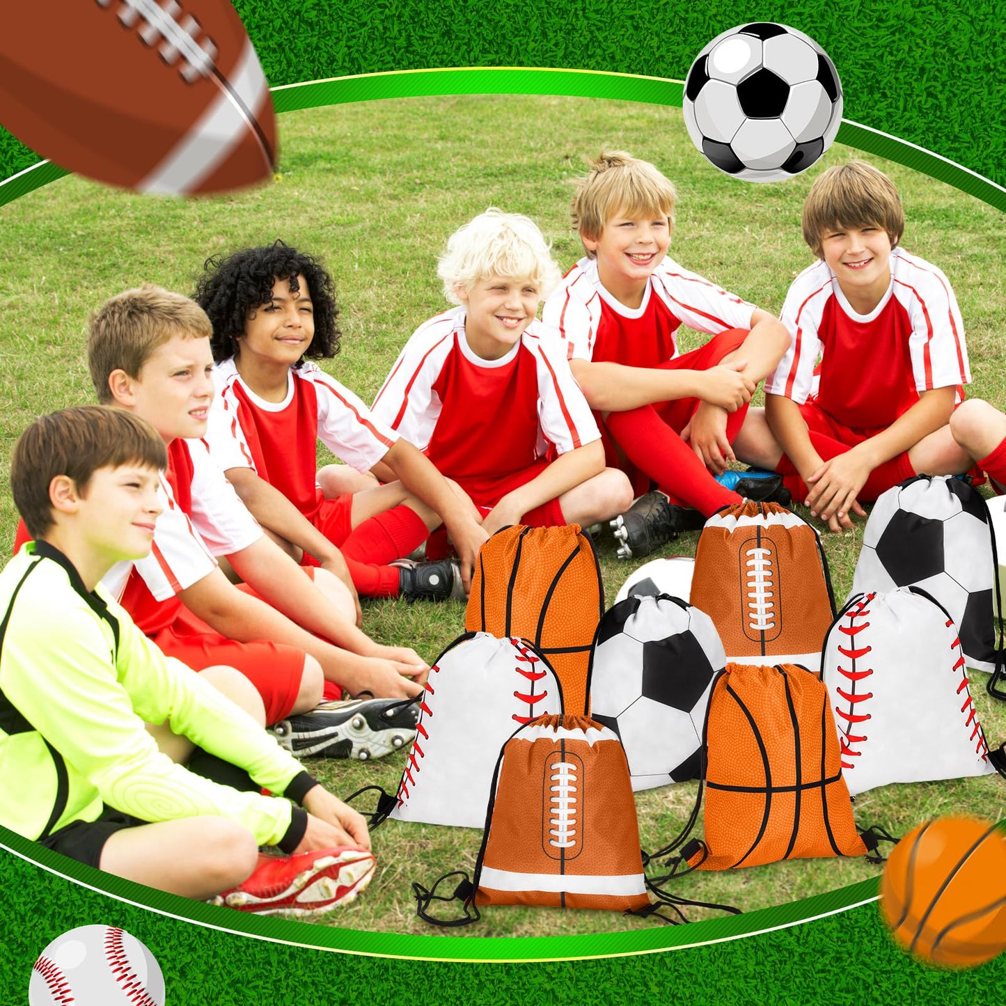 Censen 24 Pcs Drawstring Bags Set Bulk 12 x 10 Inch Waterproof Beach Bag for Soccer Baseball Basketball Football Gift Party (Sport Style)