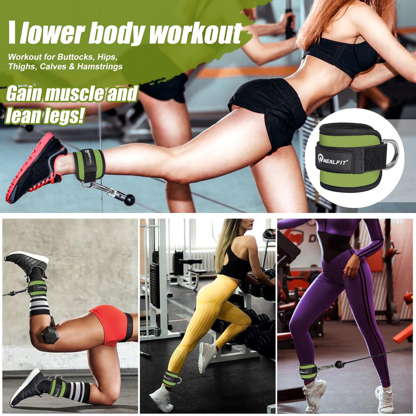NEALFIT Ankle Strap for Cable Machine, Gym Ankle Cuff for Kickbacks, Leg Extensions, Glute Workouts, Booty Hip Abductors Exercise for Women and Men (Army Green, Pair)