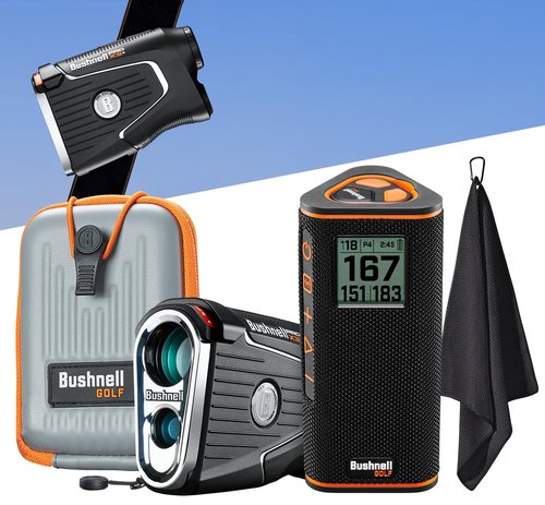 Bushnell Golf Pro Player Pack - Pro X3+Link Rangefinder with Slope/Wind Adjustments, Case, Wingman View Audible/Viewable GPS Speaker & Signature Series Towel - Golf Course GPS Magnetic Caddie Bundle