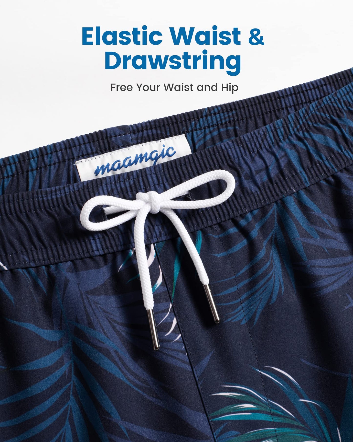 maamgic Mens Swim Trunks with Compression Liner 5 Inch, Quick Dry Bathing Suit with Zipper Pockets, Stretch No-Chafing Swim Shorts, Navy-Pink Leaf Silhouette XX-Large