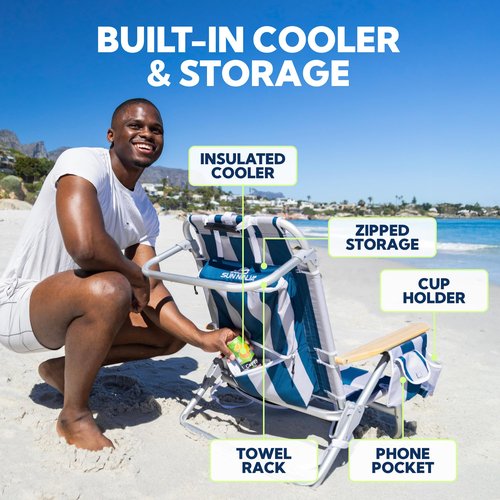 SUN NINJA Beach Chair – Folding Chair for Beach with 5 Reclining Positions, Cup & Phone Holder, Insulated Back Storage Pouch, Portable Lightweight Aluminum Frame - Navy Stripes - 2pc