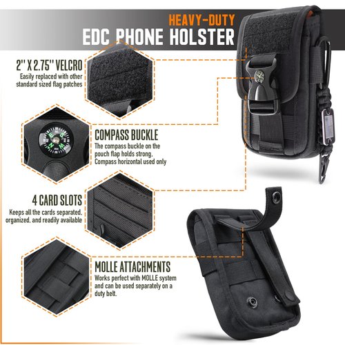 WYNEX Tactical Molle Phone Pouch with Compass Buckle, Tactical Phone Holster Molle Cell Phone Pouch Universal Belt Waist Bag for IP 15/14/13 Pro Max / S22/S21 with US Patch & Paracord Keyring Clip