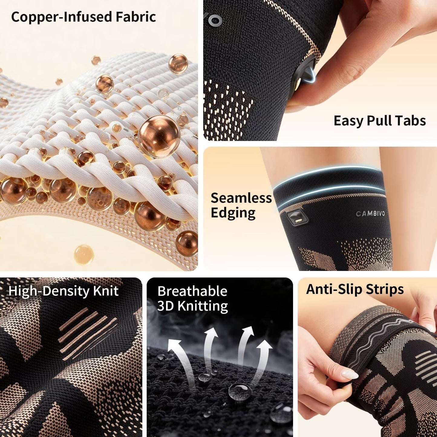 CAMBIVO 2 Pack Copper Knee Brace for Women & Men, Copper Infused Compression Knee Sleeve for Arthritis Pain Relief & Knee Support, Anti-Slip Design with Pull Tabs for Running, Gym, Daily Wear (Large)