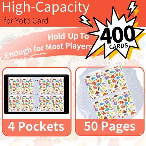 4 Pocket Card Binder for Yoto Cards - Double Sided Hold up 400 Pockets with 50 Removable Sleeves Premium Zipper PU Cover, Dino
