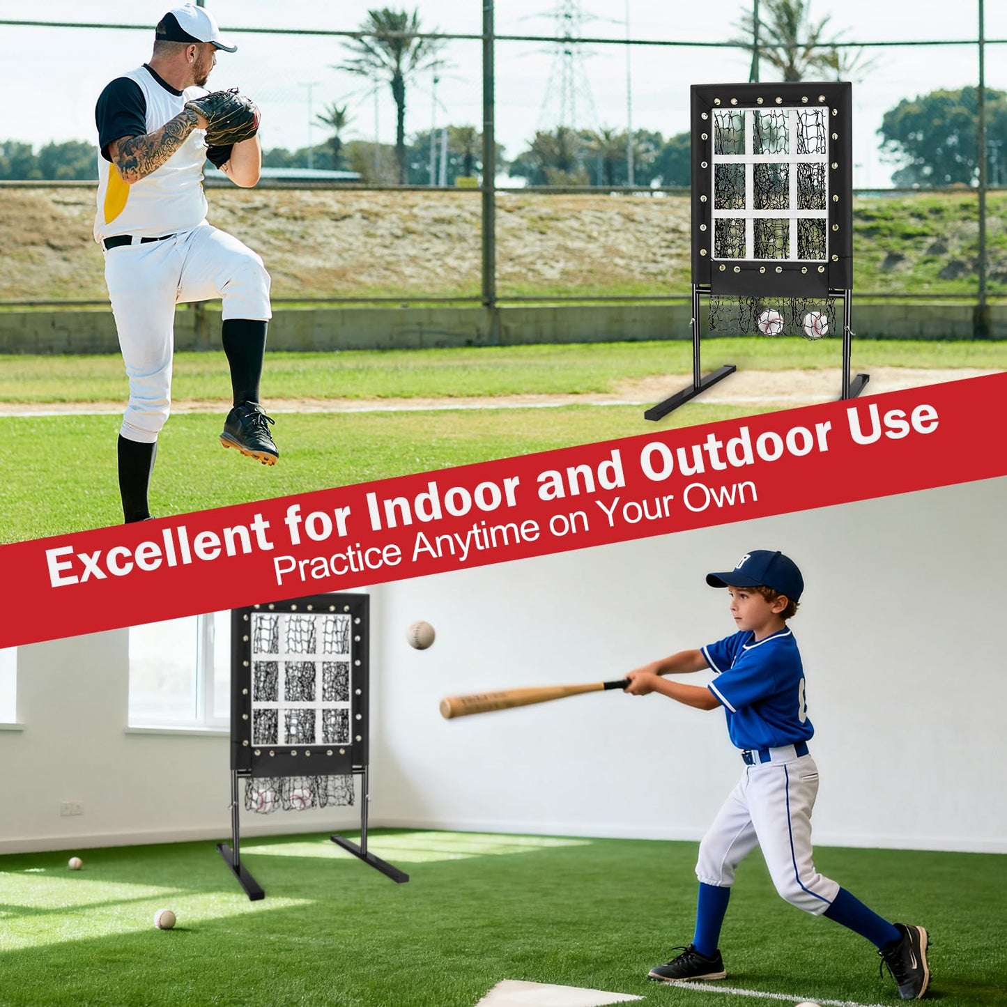 MONOJOY Baseball Pitching Net: 9-Hole Pitching Net with Strike Zone Adjustable Softball Pitching Nets Includes Carry Bag for Indoor | Outdoor Use, Practice of Pitching, Batting, and Throwing Drills