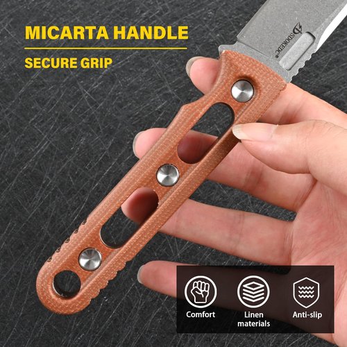 SDOKEDC Knives DC53 Steel 3.66“Tactical Fixed Blade Knife Micarta Handle with kydex sheath for Men EDC Outdoor Camping Survival Hunting (White stone wash+brown handle)
