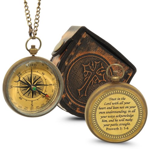 Antique Brass Compass with Leather Case ''Trust in The Lord'' – Birthday, Wedding Anniversary, Baptism, Confirmation, First Communion, Retirement Gift for Boys, Son, Daughter, Mens, Husband, Women