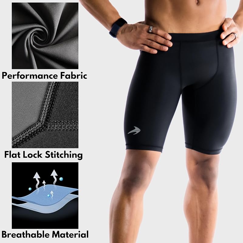 Men's Compression Shorts 9" 4-Way Stretch Baselayer - Black, No Pockets, 9" Inseam