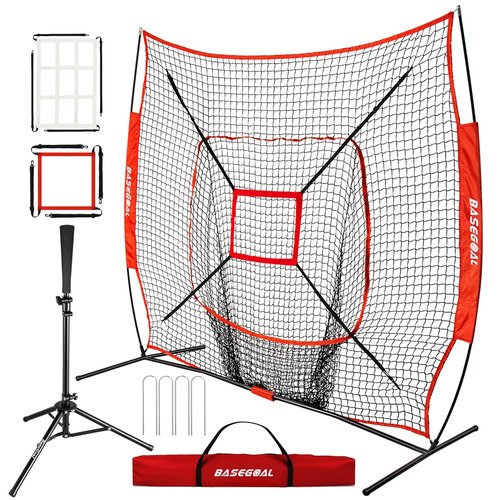 BaseGoal 7'×7' Baseball Softball Practice Net,Baseball Backstop,with Batting Tee,for Hitting Pitching Batting Catching with Bow Frame,Bonus Strike Zone (Red-A)