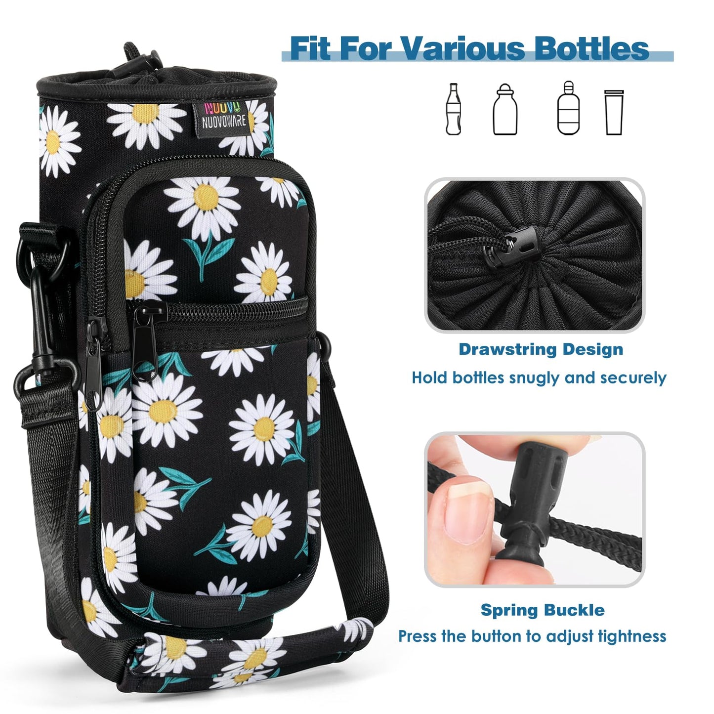 Nuovoware Water Bottle Carrier Bag, 25oz/32oz Bottle Pouch Holder, Adjustable Shoulder Hand Strap 2 Pocket Sling Neoprene Sleeve Sports Accessories for Hiking Travelling Camping, BlackDaisy