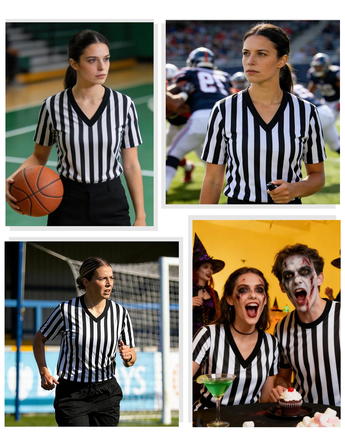 WILLBEFIT Women's Referee Shirt Official Football Basketball V-Neck Ref Jersey for Halloween Costume Umpire Waitress Uniform L