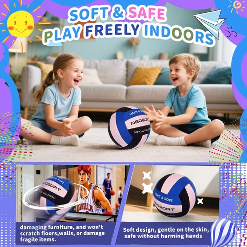 NEOGOAT Soft Light Volleyball-Super Soft&Quiet Indoor Fabric Volleyball Lightweight for Kids Youth Beginners, Perfect for House Yard Training Practice Games(Deflated)