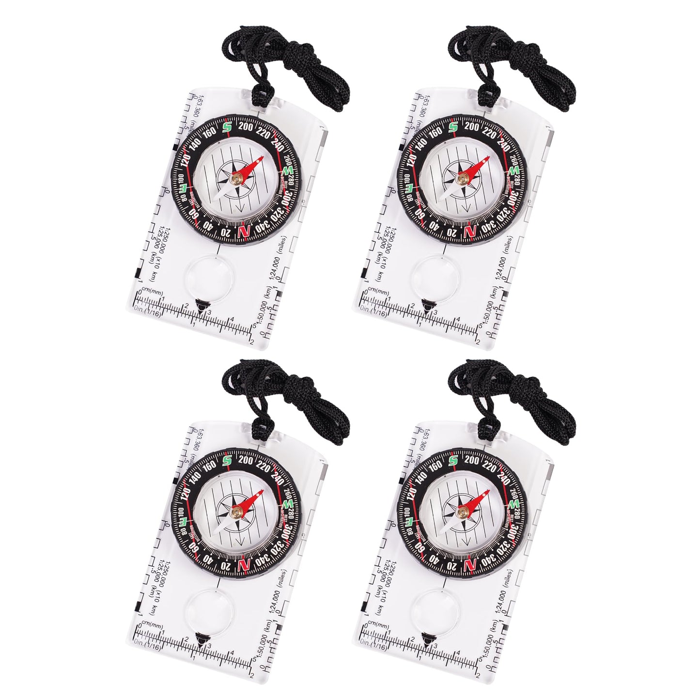 4 Pcs Outdoor Compass with Adjustable Declination,Magnifier,Ruler,Scale. Multifunctional Orienteering Waterproof Compass for Map Reading, Navigation, Hiking (4 Pack Transparent)
