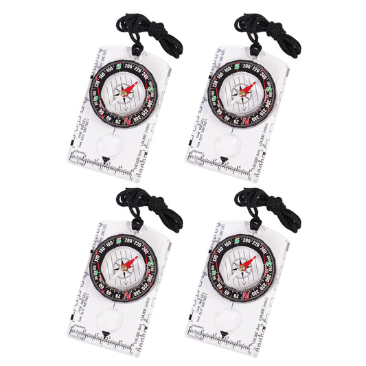 4 Pcs Outdoor Compass with Adjustable Declination,Magnifier,Ruler,Scale. Multifunctional Orienteering Waterproof Compass for Map Reading, Navigation, Hiking (4 Pack Transparent)