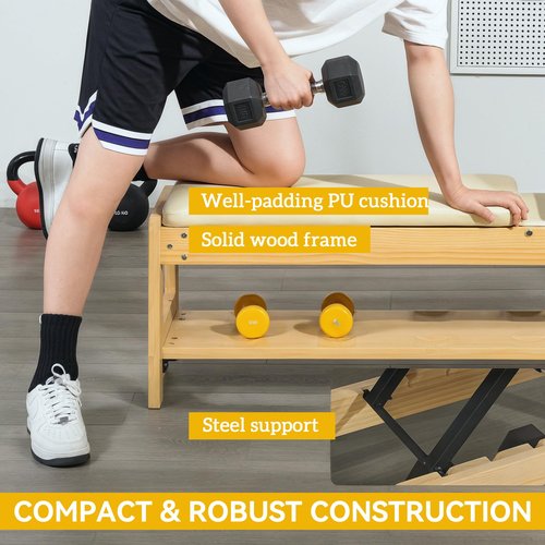 Soozier Adjustable Weight Bench with Dumbbell Rack, Wooden Workout Bench, Flat or Incline Bench for Home Gym Weight Lifting Training, White