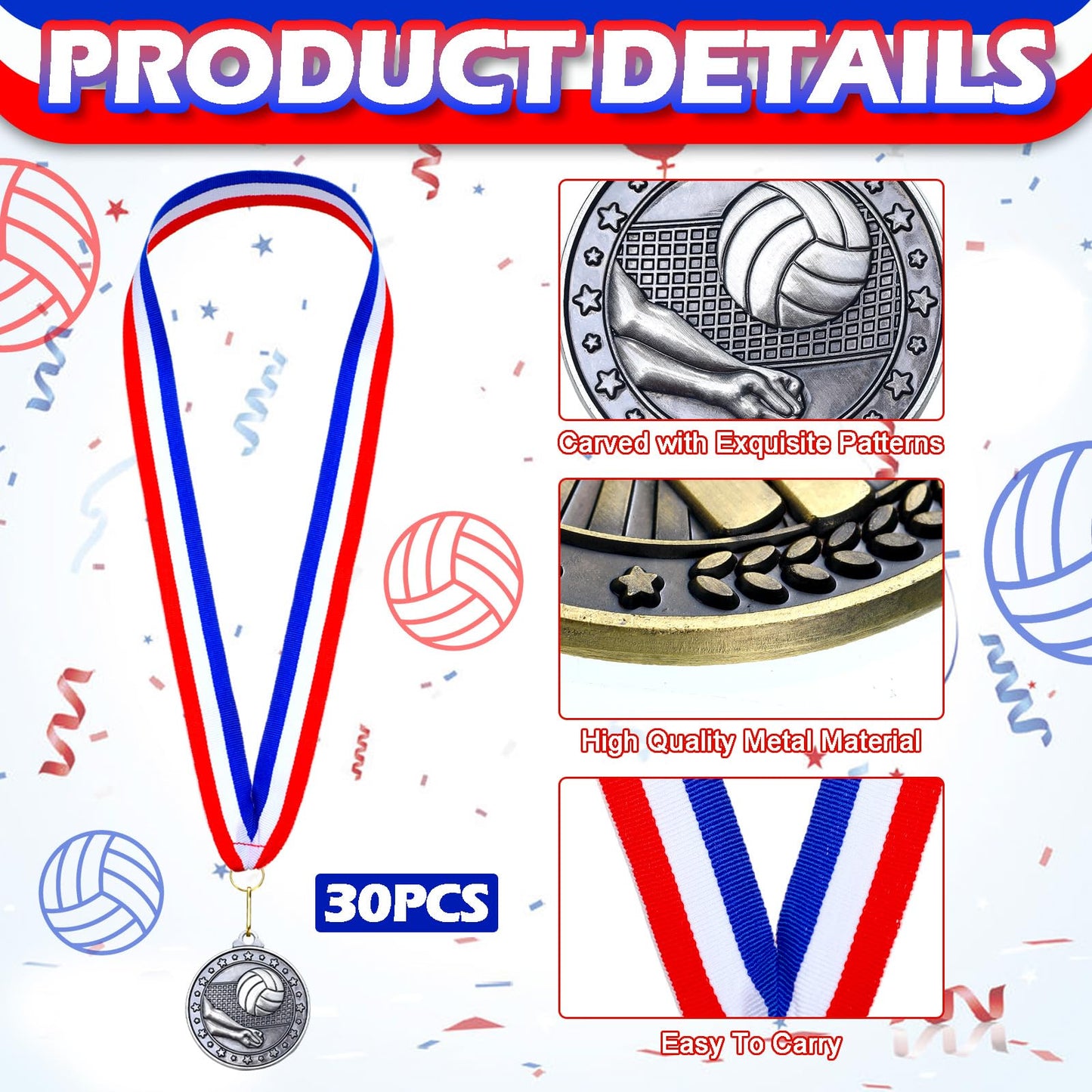 Remuuly 30 Pcs Silver Medals Bulk 2'' Basketball Soccer Volleyball Hockey Medals for Awards Metal Trophy with Neck Ribbons for Sports Participation Winner Tournaments Gift(Volleyball)
