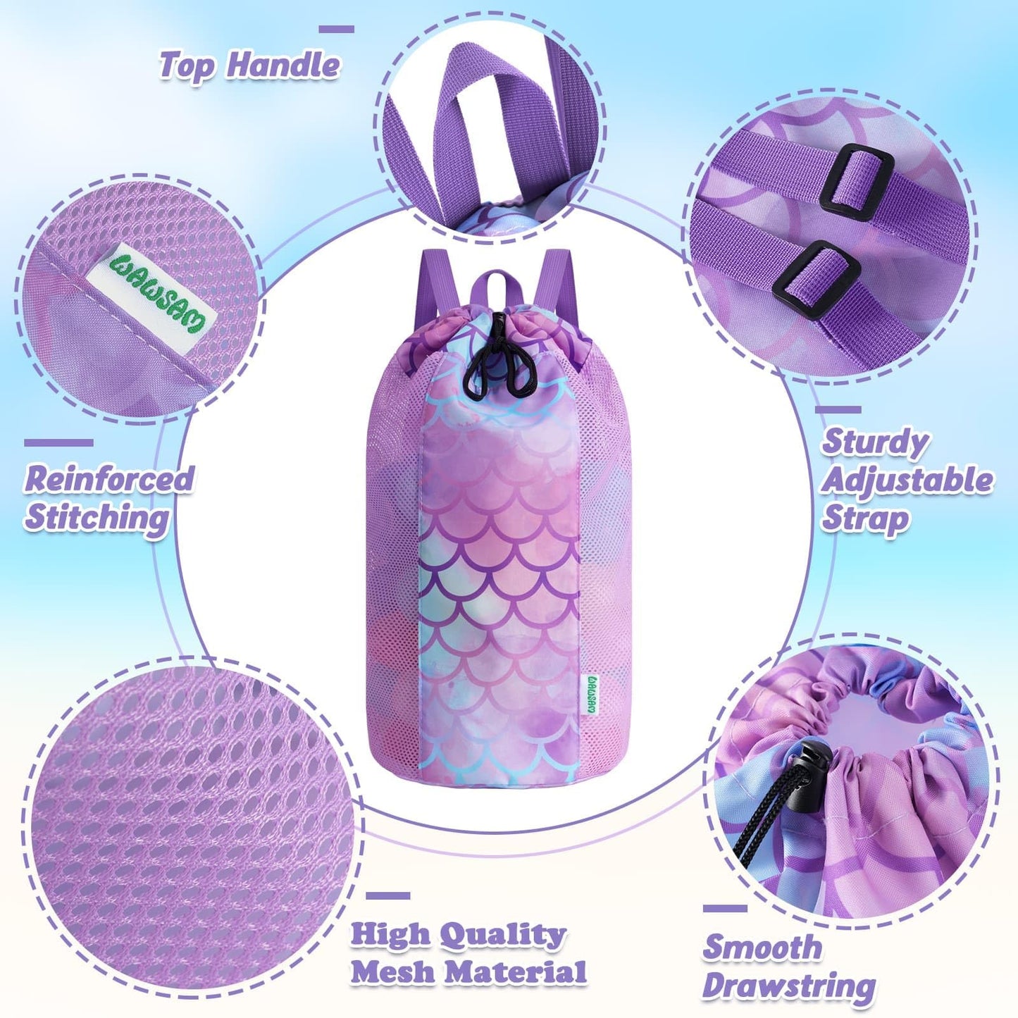 WAWSAM Mermaid Large Mesh Beach Bag for Kids, Drawstring Beach Backpack for Girls, Tote Mesh Beach Toys Bag, Swim Pool Toys Balls Storage Bags Gym Bag, Beach Toy Shells Organizer