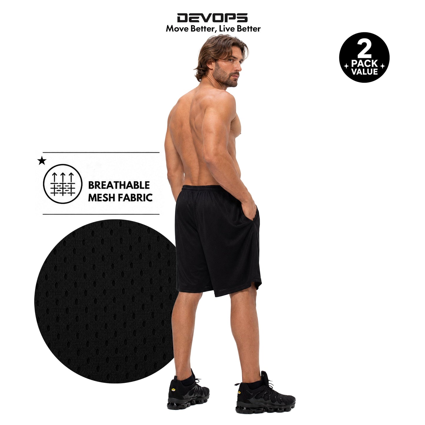 DEVOPS Men's 2-Pack Loose-Fit 10" Workout Mesh Shorts with Pockets Athletic
