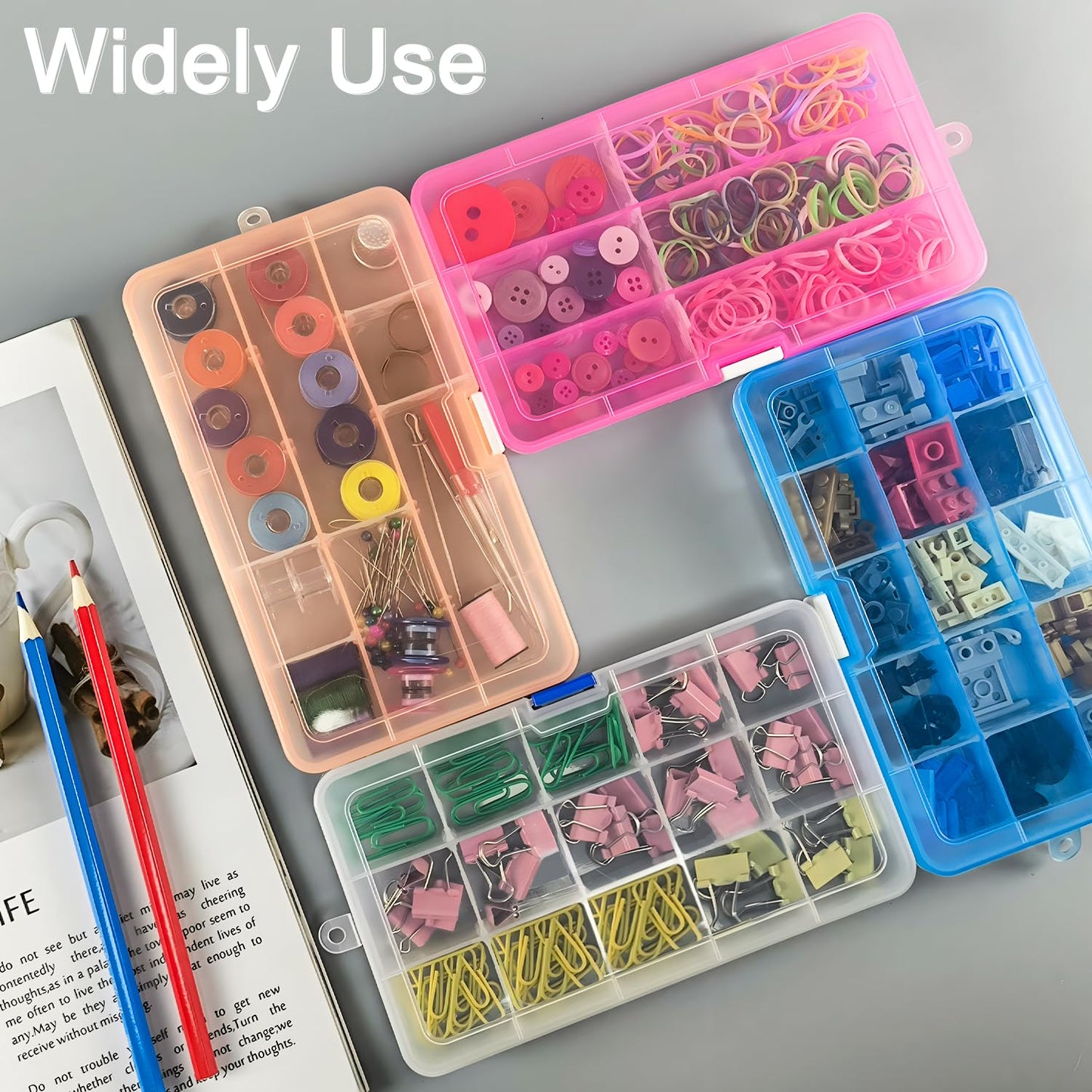 Qualsen 15 Girds Bead Organizer with Adjustable Dividers(4 Pack), Tackle Box Organizer and Small Plastic Organizer Box for Jewelry, Beads, Earrings, Crafts, Screws and Fishing Tackles Small Items