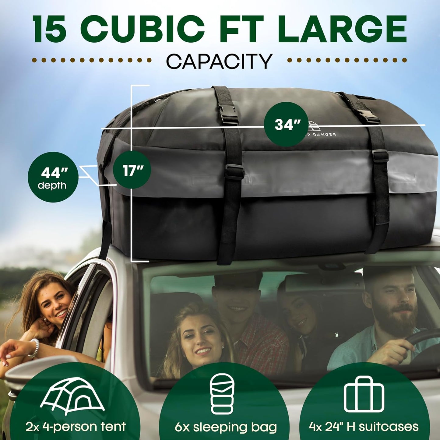 21 Cubic Feet Car Rooftop Soft Shell Cargo Carrier, 100% Waterproof - Car Storage for All Vehicle with/Without Racks - Attached Anti Slip Mat, Storage Bag, 6 Door Hooks and 6 Straps