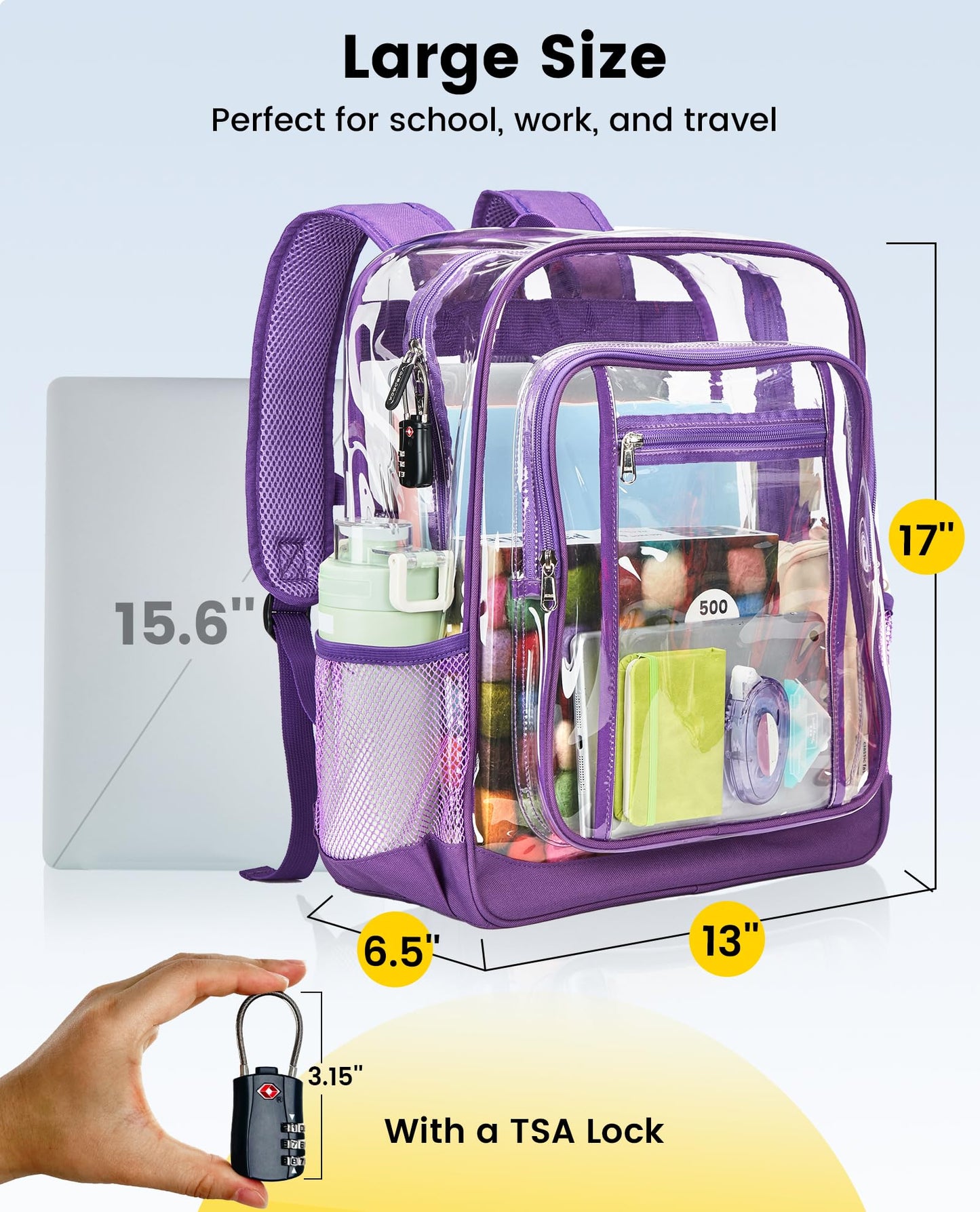 Vorspack Clear Backpack Heavy Duty - Extra Large Clear Backpacks with TSA Lock Transparent See Through Bookbag for School, Work, College, Travel - Purple
