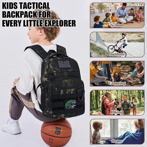 Kids Tactical Backpack Army Molle Bookbag Military Boys Backpack for School, Outdoor, Camping (Includes 2 Patches+1Carabiner), Black Camo