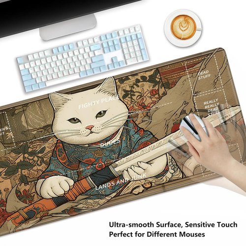 Playmat for MTG,Card Playmat Stitched with Zones for MTG Card Game Playing, TCG and Board Game Mat for Cards,Mousepad Desk Mats,Game Mat 24 x 14 inches-Cat with Sword