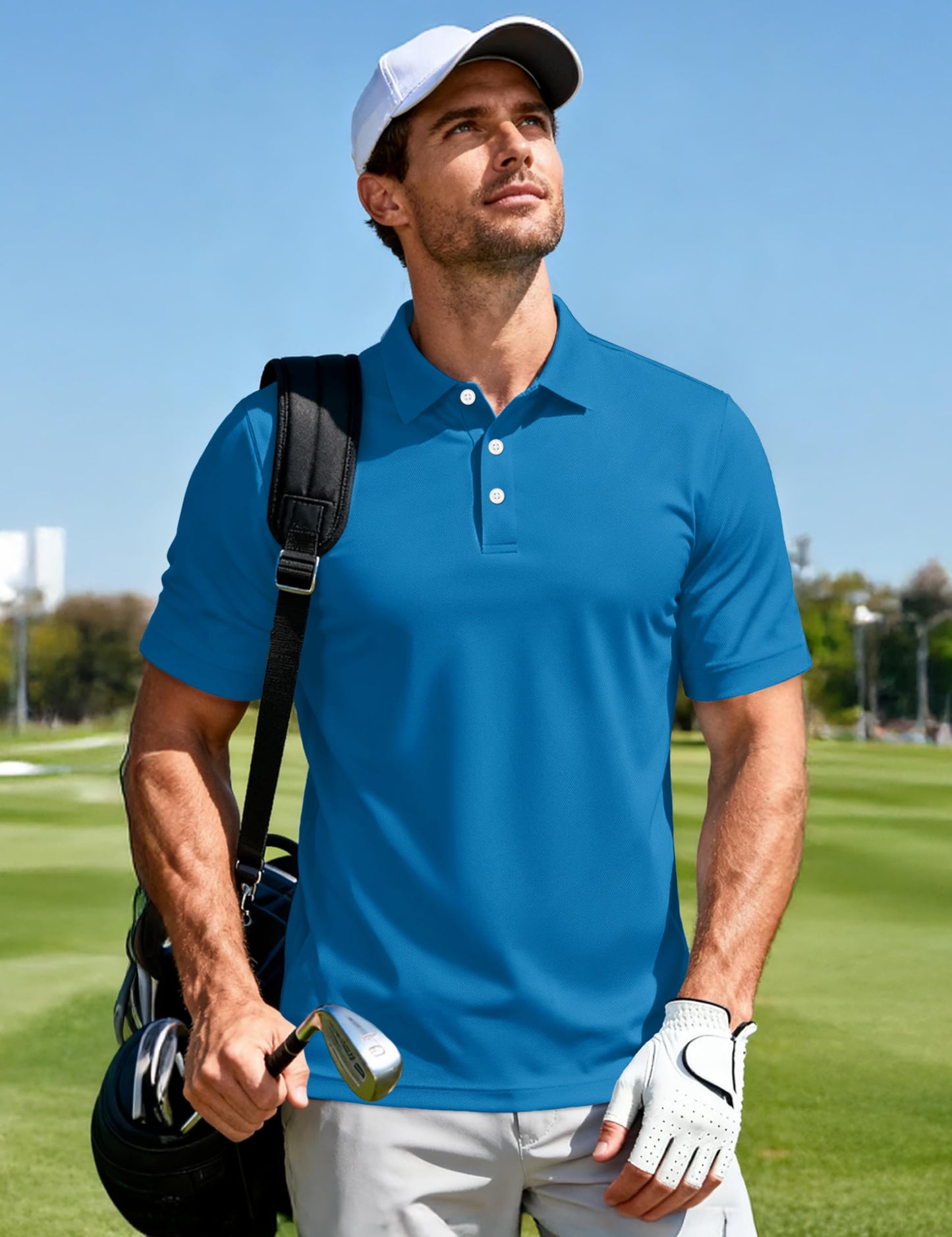 MAGCOMSEN Polo Shirts for Men Dry Fit Lightweight Active Golf Polos Short Sleeve Moisture Wicking Collared Shirt Blue Green