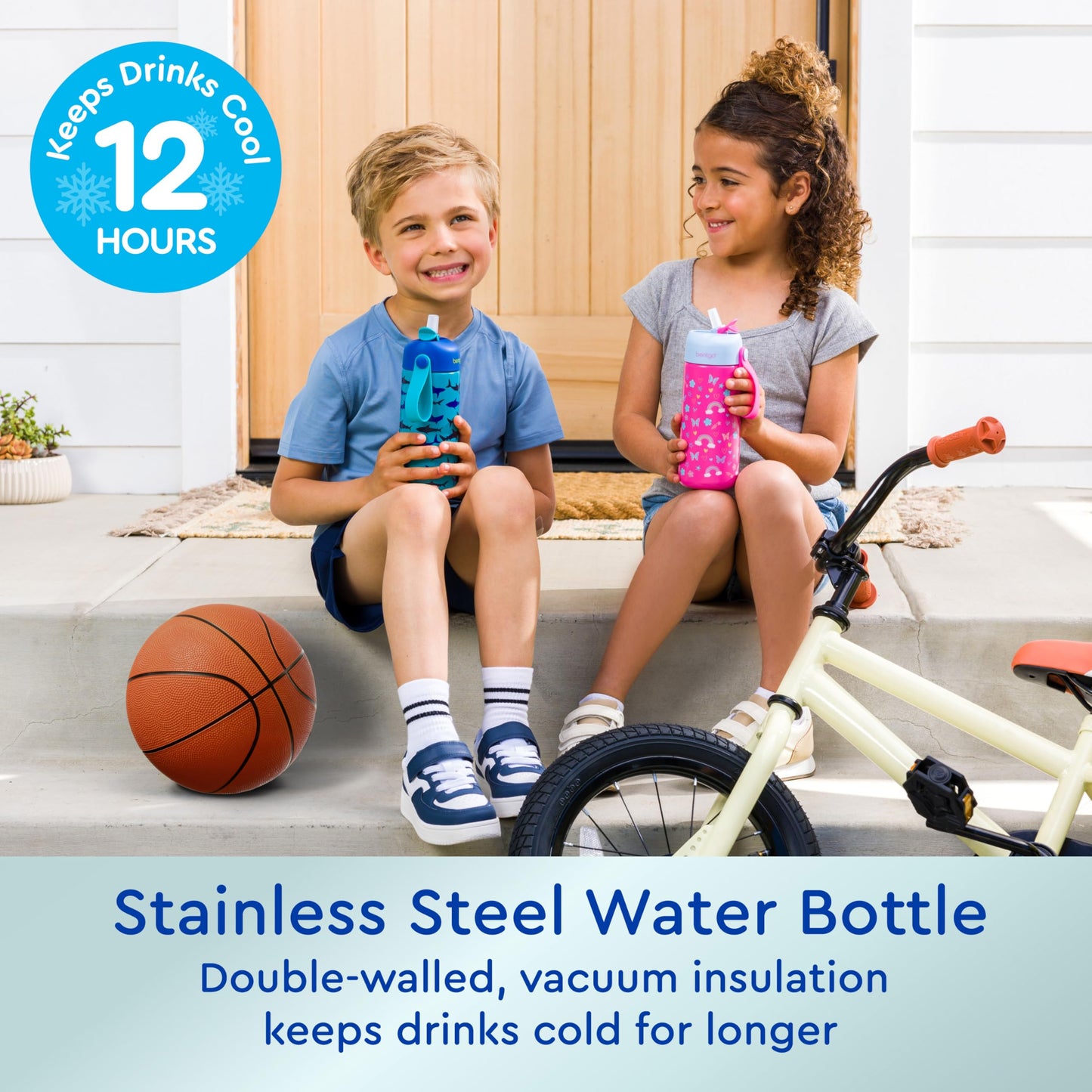 Bentgo® Kids Stainless Steel Insulated Water Bottle - Leak-Proof; Keeps Cool for 12 Hours; Durable, BPA-Free, Dishwasher Safe 14 oz. Cup for Ages 3+ for School/Sports/Daycare (Sharks)