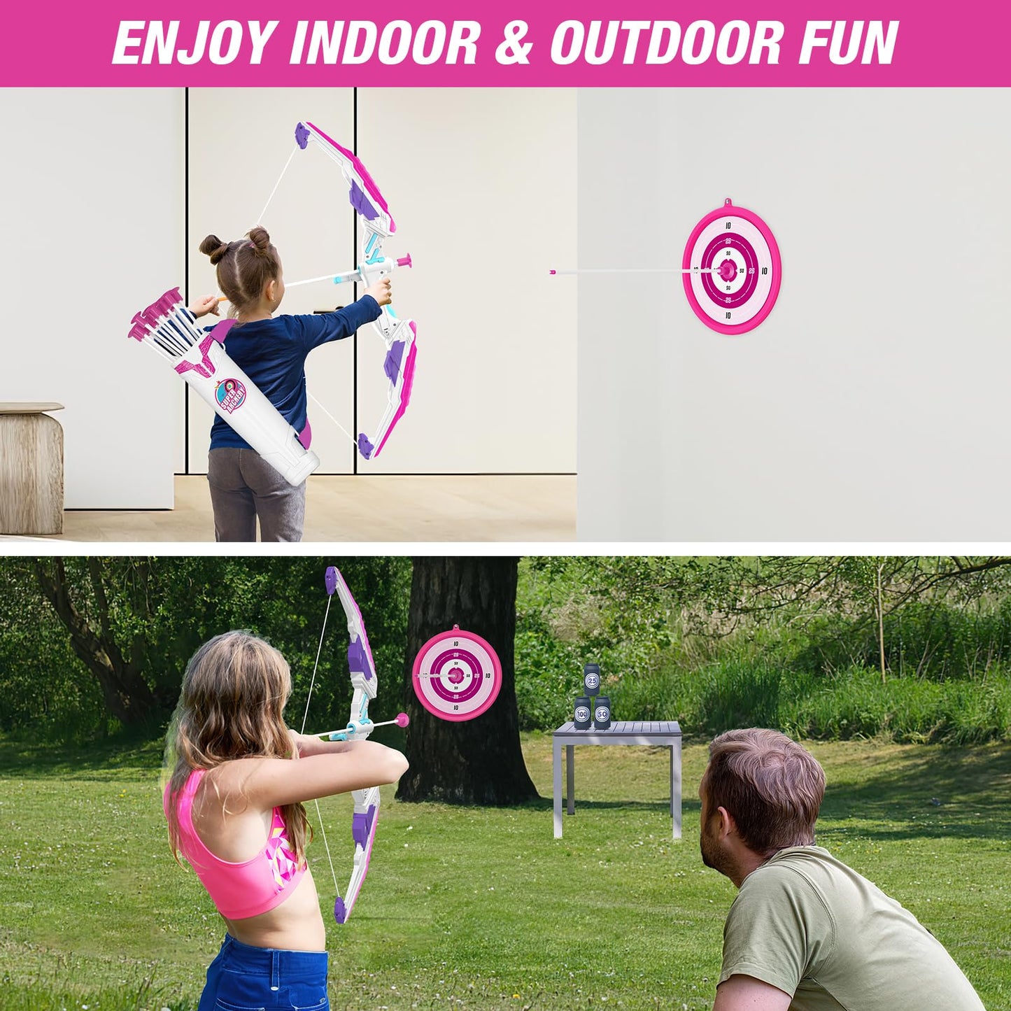 HYES Bow and Arrow for Kids, LED Light Up Archery Set with 12 Suction Cup Arrows, 1 Hanging Target, 3 Score Targets & 1 Quiver, Indoor Outdoor Sport for Boys Girls Ages 4-12, Purple