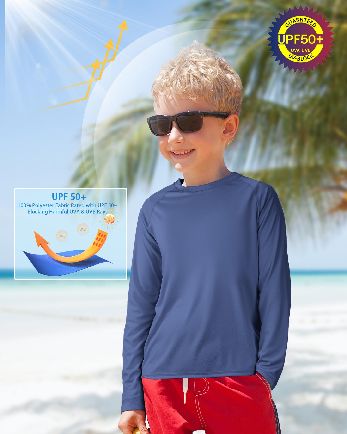 Boys UPF 50+ Rash Guard Swim Shirt, Kids Youth Long Sleeve Sun Protection UV Rashguard Shirts for Water Surfing Beach Deep Sea Blue