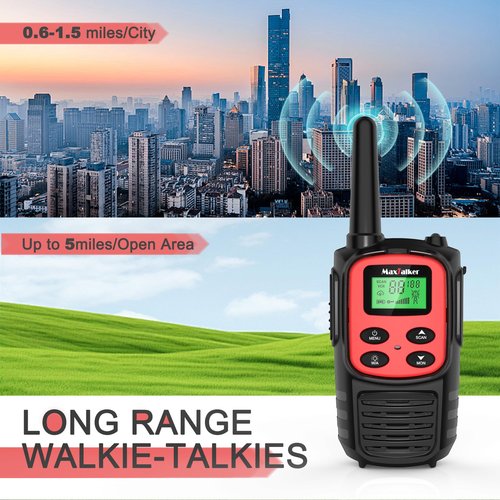 MaxTalker Walkie Talkies Long Range for Adult, MT10 Rechargeable Walkie Talkies FRS Two Way Radio, NOAA, 1200mAh Li-ion Battery USB-C Cable, LED Flashlight,VOX Walkie Talkie for Camping 2Pack (Red)