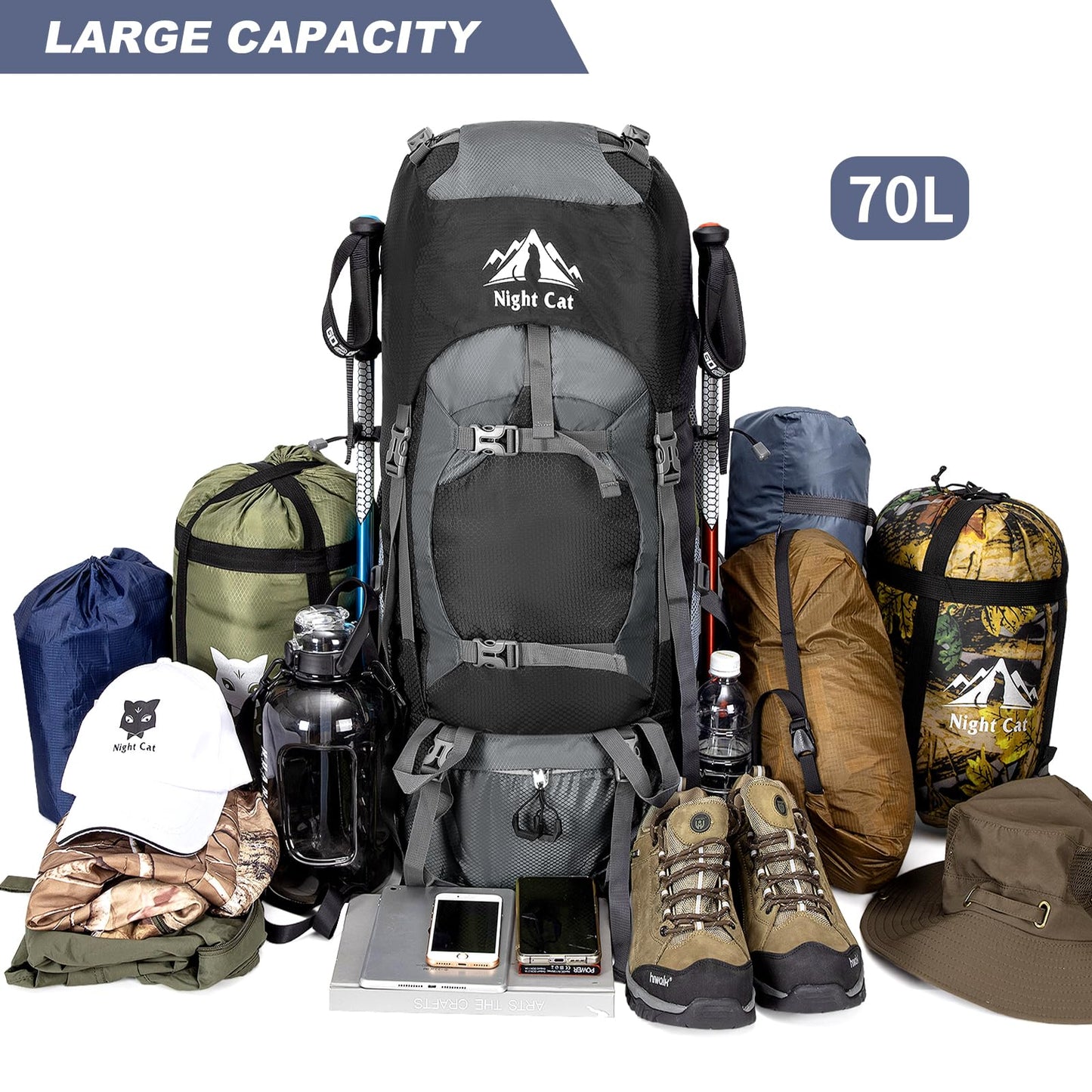 Night Cat Hiking Backpacks 70L Camping Backpacking Packs for Men Women Lightweight Outdoor for Mountaineering Traveling, No Internal Frame