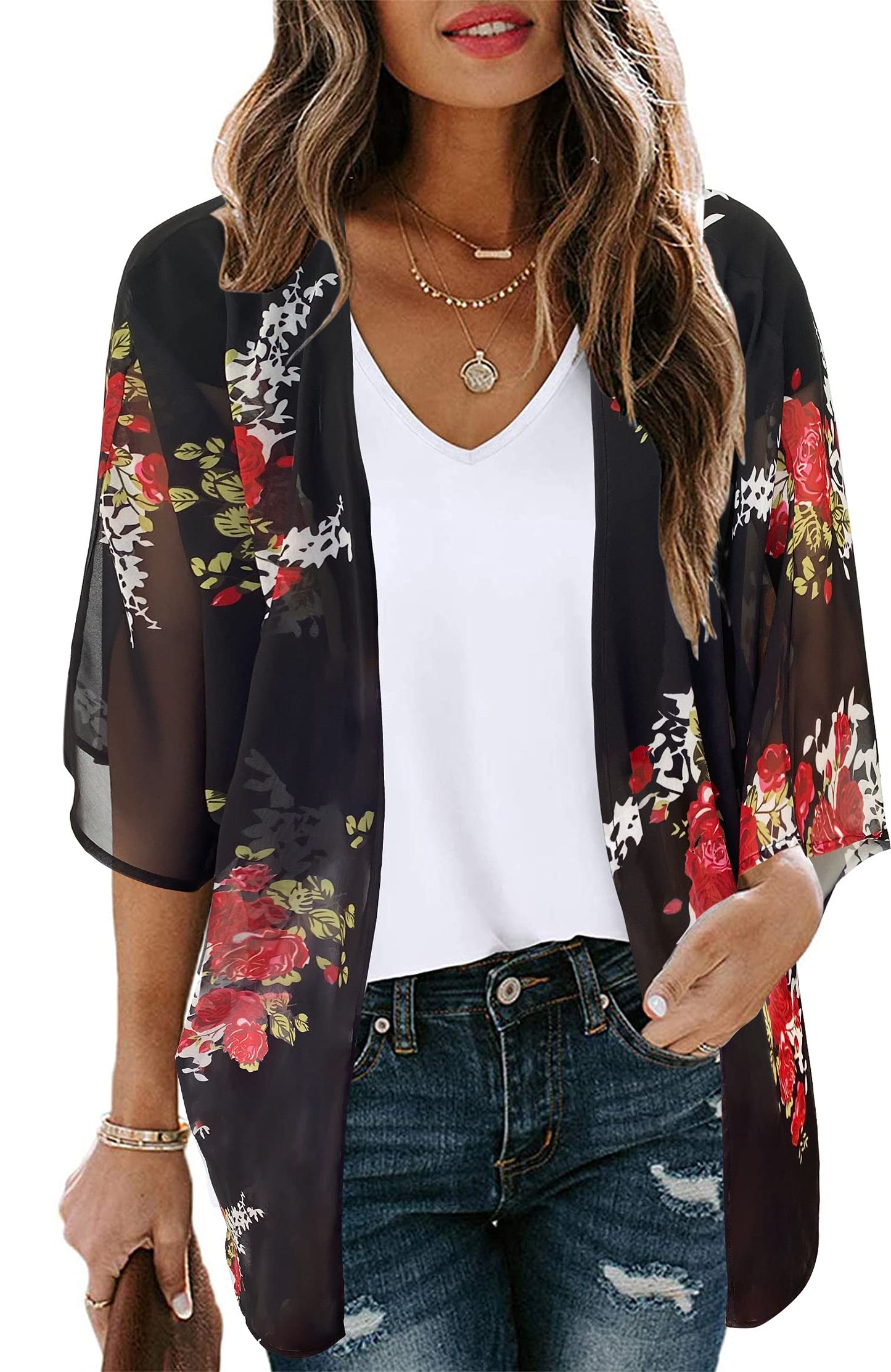 Women's Kimono Floral Cardigan Print Puff Cover Up Casual Blouse Summer Tops (Colorful Gilt, M)