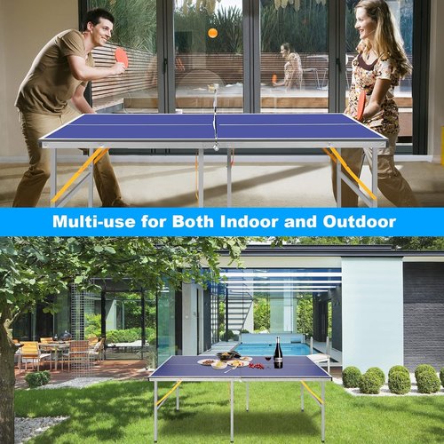 6x3ft Portable Table Tennis, Mid-Size Folding Indoor Outdoor Ping Pong Table Game with Net, 2 Tennis Paddles and 3 Balls for Adults/Teens