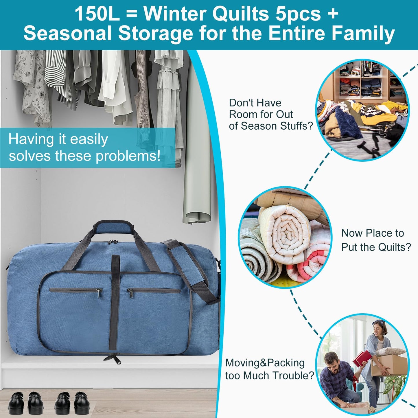 Felipe Varela 40L Duffle Bag with Shoes Compartment, Foldable Waterproof Travel Duffel Bags Duffle Overnight Weekend Travel Gym Bag for Men Women(Blue)