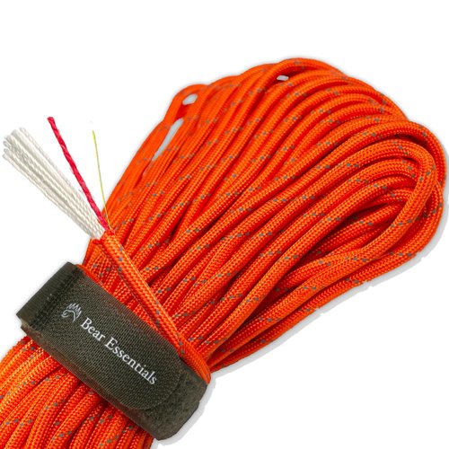 Bear Essentials 750LBS - Premium Reflective Survival Paracord - with Firecord & Kevlar Fishing/Snare Line Inside - High Tenacity Polyester Sheath - Reflective Orange - (100 FT Hank)