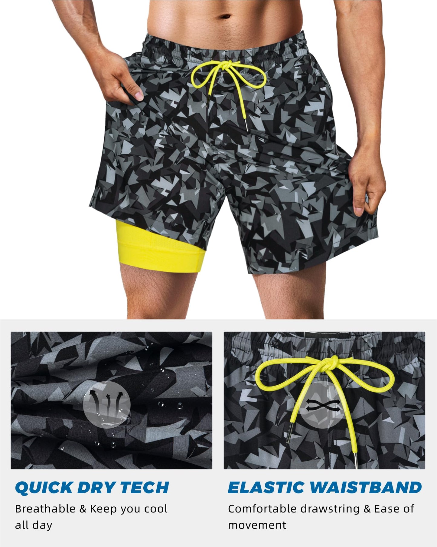 SURF CUZ Mens Swim Trunks with Compression Liner Quick Dry Swim Shorts 7" Swimming Trunks Stretch Zipper Pockets,Black Camouflage,XXL